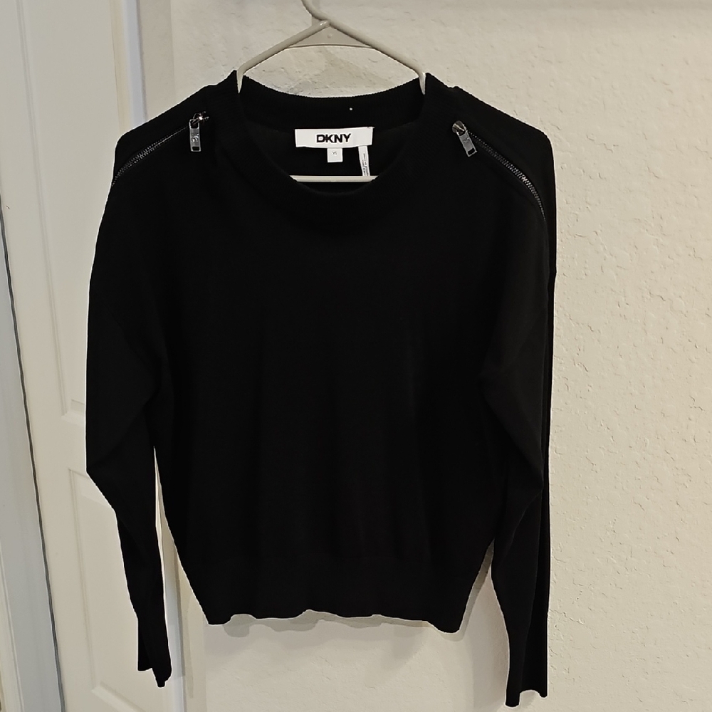 DKNY Black Knit Top with Shoulder Zippers